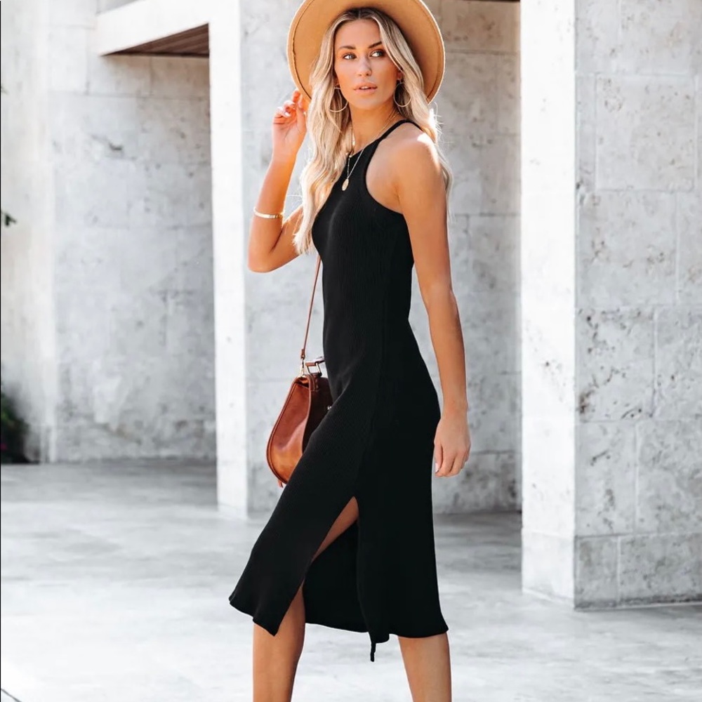 CORA COTTON RIBBED KNIT MIDI DRESS - BLACK